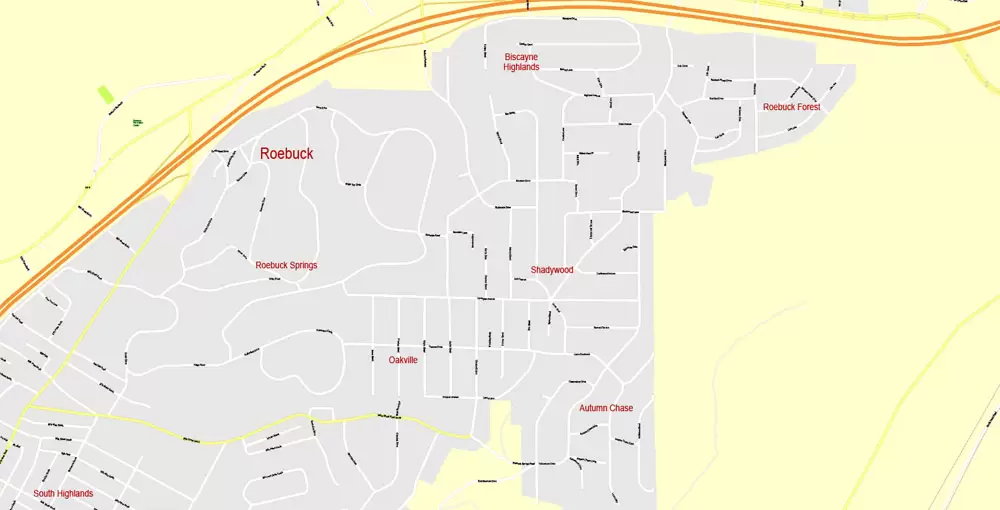 Printable Map Birmingham, Alabama, US, exact vector Map street G-View City Plan Level 17 (100 meters scale), full editable, Adobe Illustrator