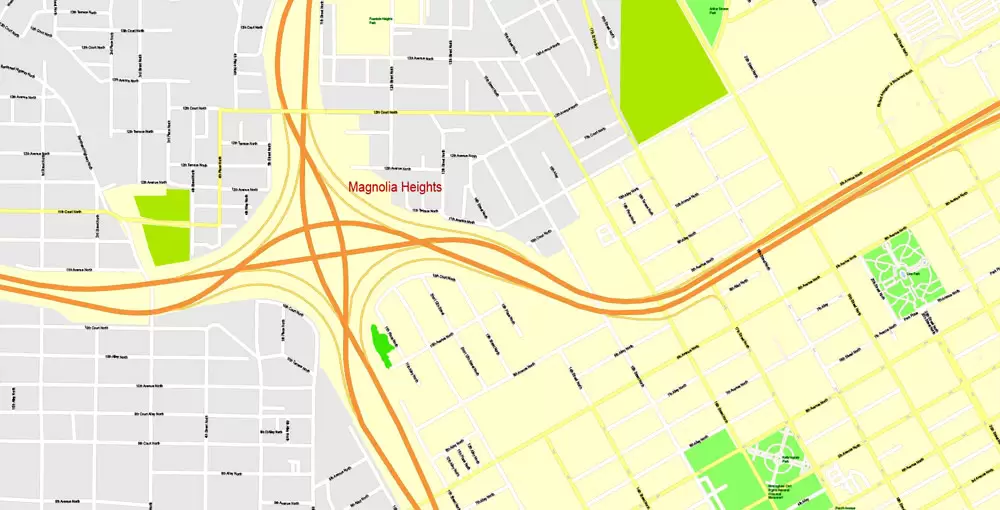 Printable Map Birmingham, Alabama, US, exact vector Map street G-View City Plan Level 17 (100 meters scale), full editable, Adobe Illustrator