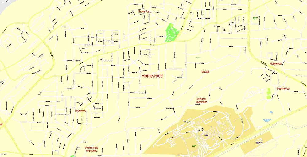 Printable Map Birmingham, Alabama, US, exact vector Map street G-View City Plan Level 17 (100 meters scale), full editable, Adobe Illustrator