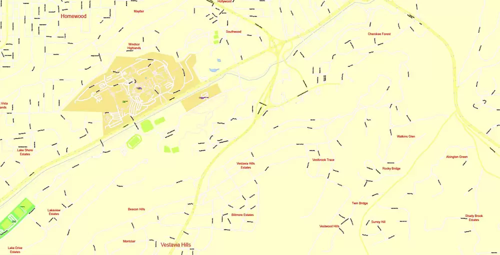 Printable Map Birmingham, Alabama, US, exact vector Map street G-View City Plan Level 17 (100 meters scale), full editable, Adobe Illustrator