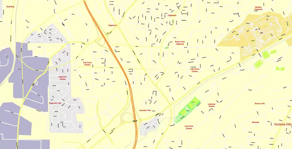 Printable Map Birmingham, Alabama, US, exact vector Map street G-View City Plan Level 17 (100 meters scale), full editable, Adobe Illustrator