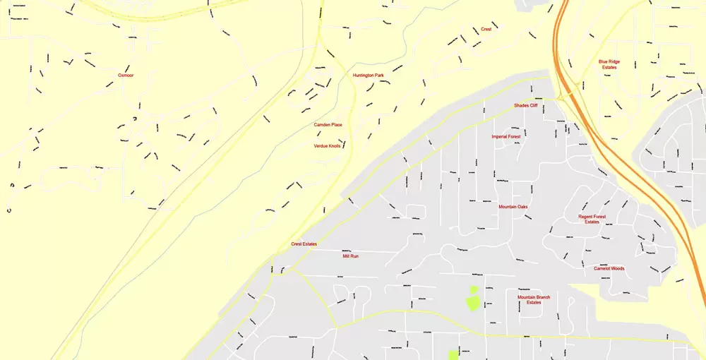 Printable Map Birmingham, Alabama, US, exact vector Map street G-View City Plan Level 17 (100 meters scale), full editable, Adobe Illustrator