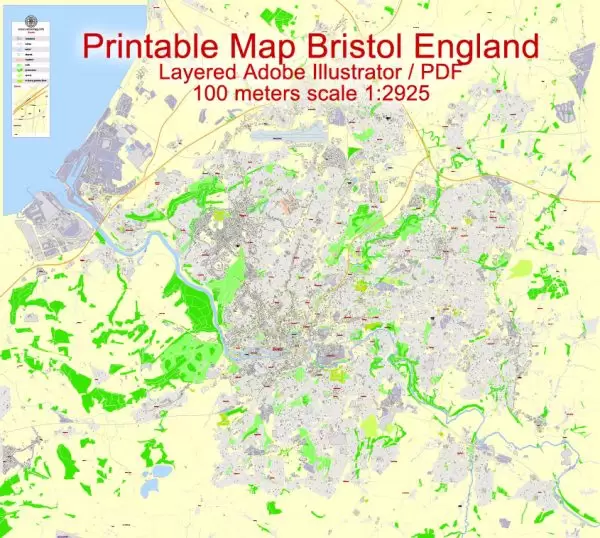 Printable Map Bristol Urban Area, England, exact vector street map City Plan G-View Level 17 (100 m scale), fully editable, Adobe Illustrator