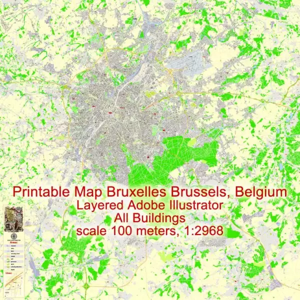 Printable Vector Map Bruxelles Brussels, Belgium, exact City Plan ALL Buildings, street G-View Level 17 (100 meters scale) map, fully editable, Adobe Illustrator