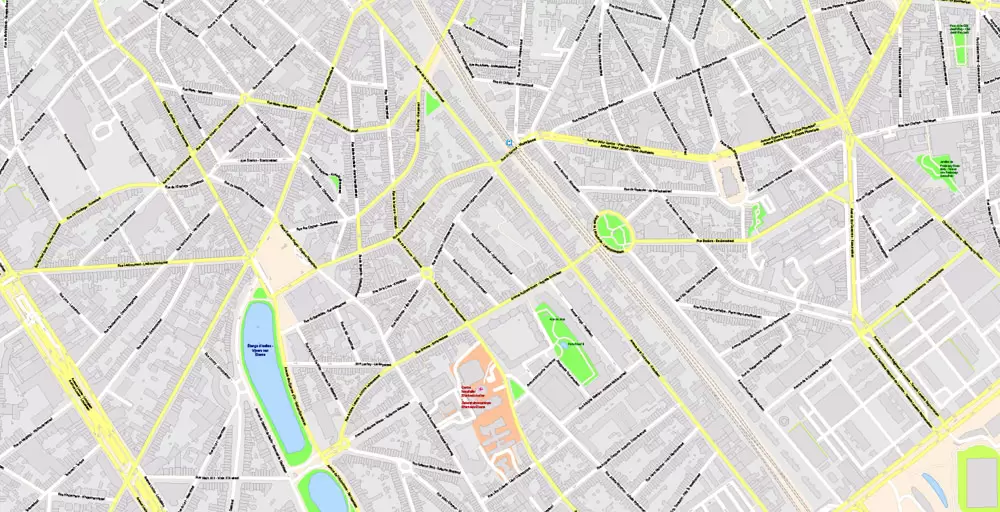 Printable Vector Map Bruxelles Brussels, Belgium, exact City Plan ALL Buildings, street G-View Level 17 (100 meters scale) map, fully editable, Adobe Illustrator