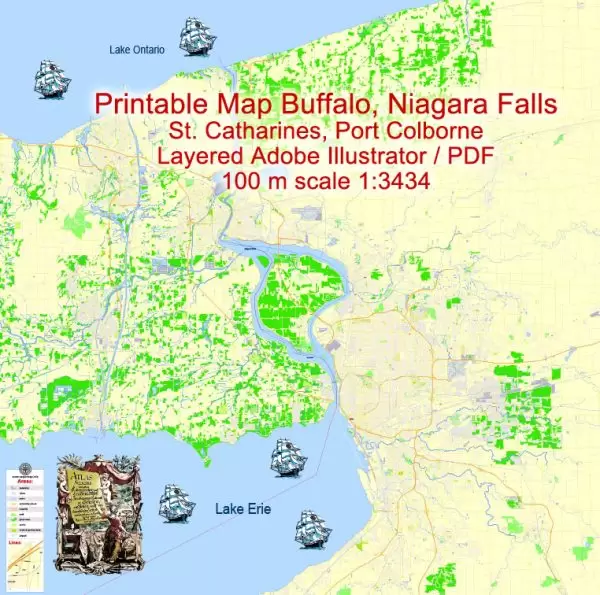 Printable Map Buffalo + Niagara Falls + St. Catharines , US and CA, exact vector Map street G-View City Plan Level 17 (100 meters scale), full editable, Adobe Illustrator