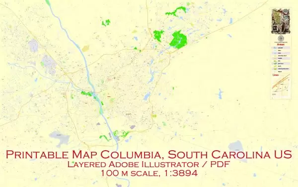 Printable Vector Map Columbia, South Carolina US, exact vector Map street G-View City Plan Level 17 (100 meters scale) full editable, Adobe Illustrator
