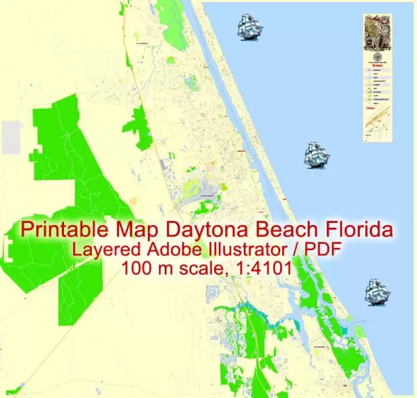 Printable Map Daytona Beach, US, exact vector Map street G-View City Plan Level 17 (100 meters scale) full editable, Adobe Illustrator