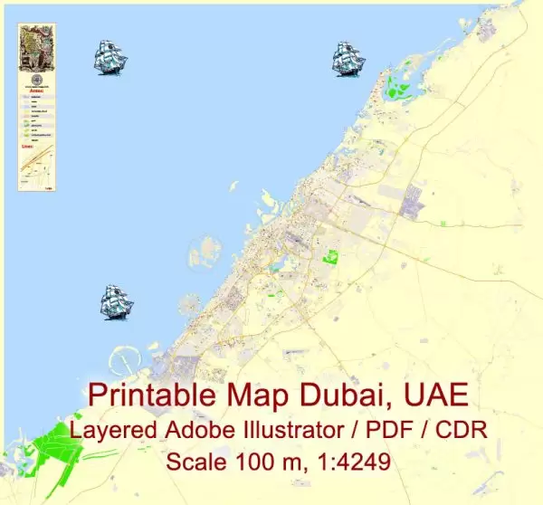 Printable Vector Map Dubai, UAE, exact City Plan + Principal Buildings, street G-View Level 17 (100 meters scale) map, fully editable,CorelDraw