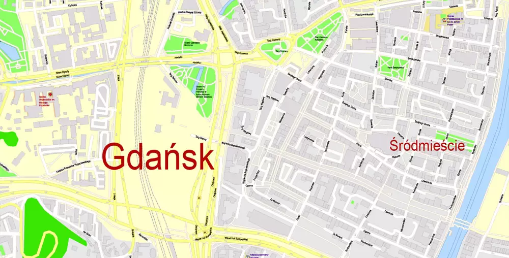 Printable Map Gdansk, Poland, exact vector street G-View Level 17 (100 meters scale) map, all buildings, full editable, Adobe Illustrator