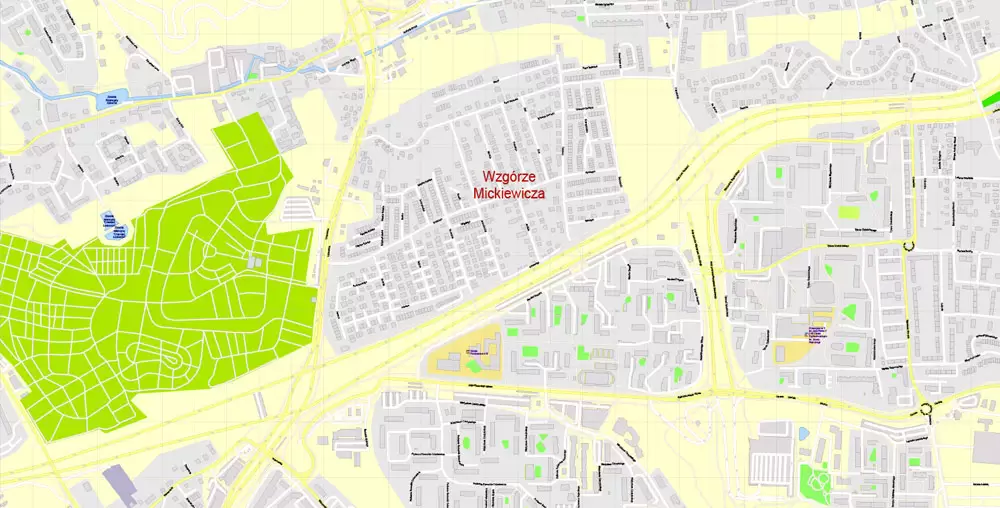 Printable Map Gdansk, Poland, exact vector street G-View Level 17 (100 meters scale) map, all buildings, full editable, Adobe Illustrator