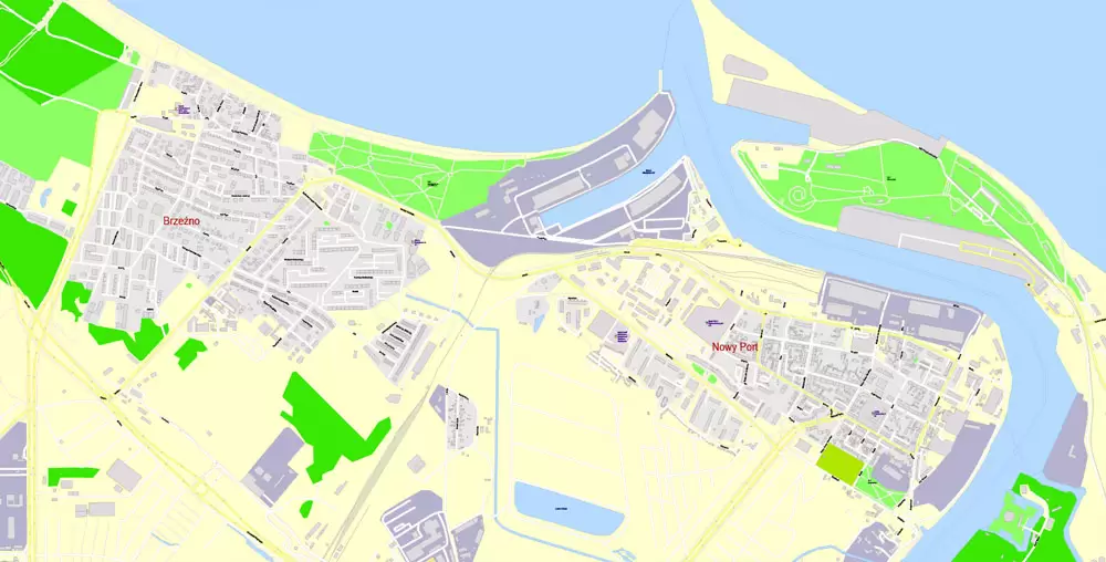 Printable Map Gdansk, Poland, exact vector street G-View Level 17 (100 meters scale) map, all buildings, full editable, Adobe Illustrator