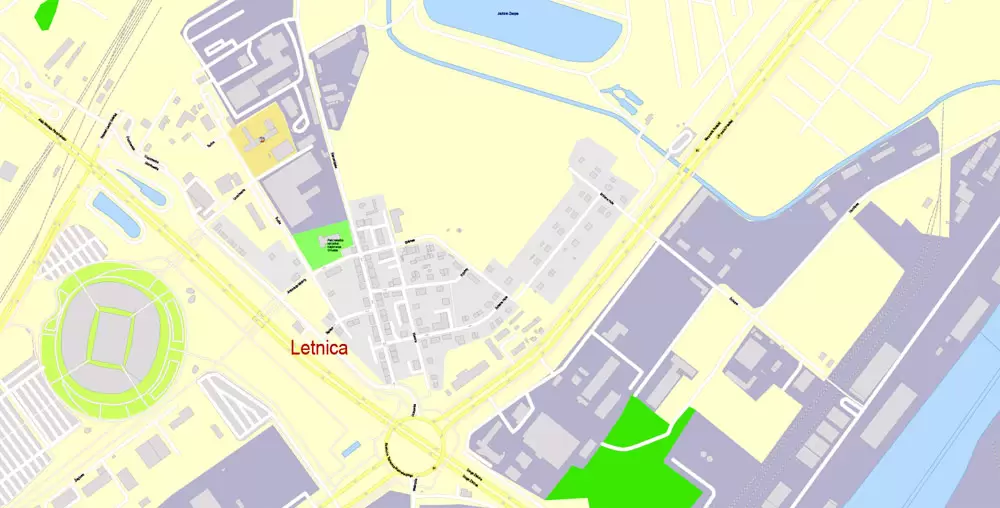 Printable Map Gdansk, Poland, exact vector street G-View Level 17 (100 meters scale) map, all buildings, full editable, Adobe Illustrator