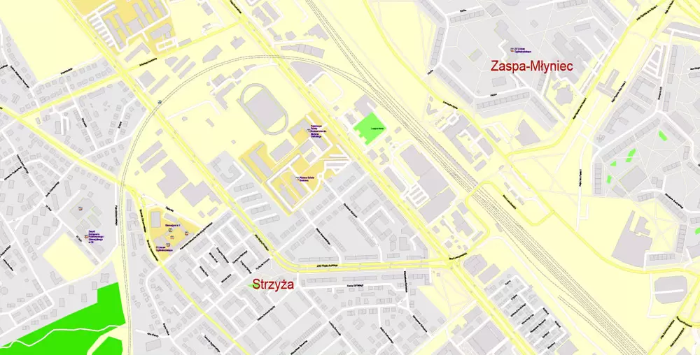 Printable Map Gdansk, Poland, exact vector street G-View Level 17 (100 meters scale) map, all buildings, full editable, Adobe Illustrator