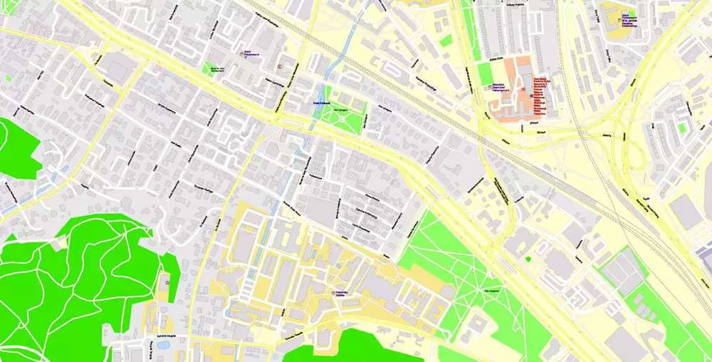 Printable Map Gdansk, Poland, exact vector street G-View Level 17 (100 meters scale) map, all buildings, full editable, Adobe Illustrator