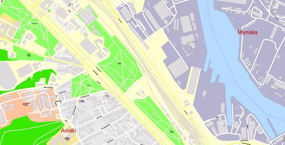 Printable Map Gdansk, Poland, exact vector street G-View Level 17 (100 meters scale) map, all buildings, full editable, Adobe Illustrator