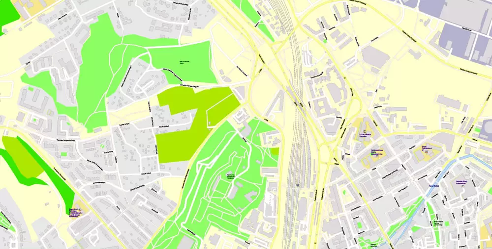 Printable Map Gdansk, Poland, exact vector street G-View Level 17 (100 meters scale) map, all buildings, full editable, Adobe Illustrator