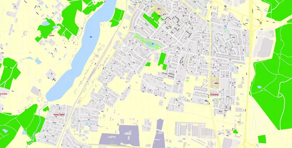 Printable Map Gdansk, Poland, exact vector street G-View Level 17 (100 meters scale) map, all buildings, full editable, Adobe Illustrator