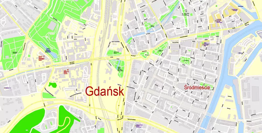 Printable Map Gdansk, Poland, exact vector street G-View Level 17 (100 meters scale) map, all buildings, full editable, Adobe Illustrator