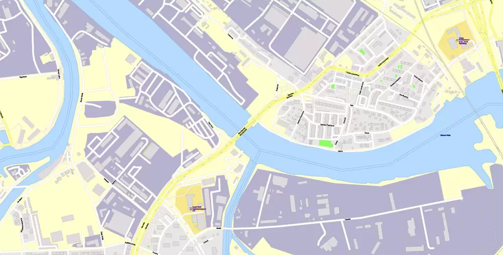 Printable Map Gdansk, Poland, exact vector street G-View Level 17 (100 meters scale) map, all buildings, full editable, Adobe Illustrator