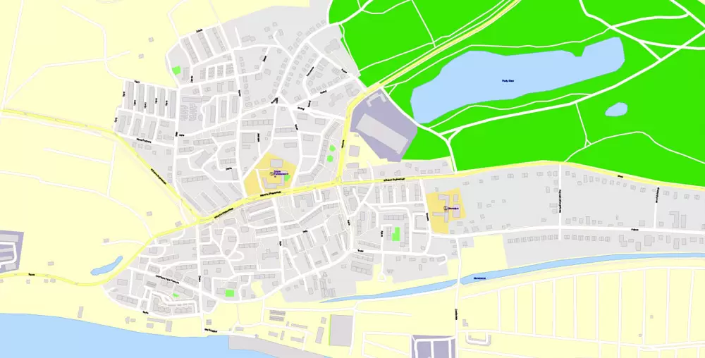 Printable Map Gdansk, Poland, exact vector street G-View Level 17 (100 meters scale) map, all buildings, full editable, Adobe Illustrator