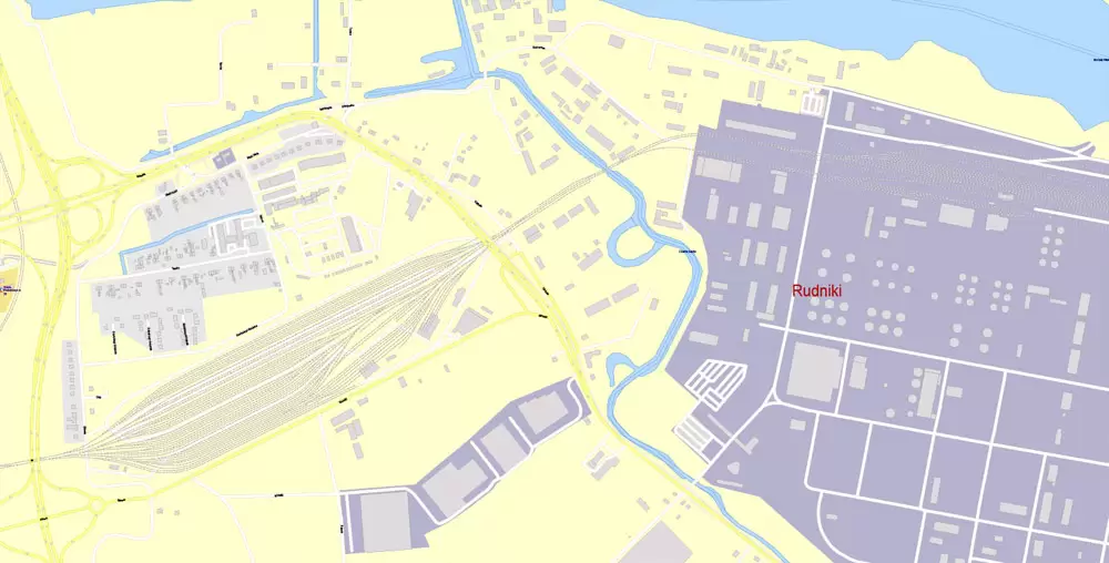 Printable Map Gdansk, Poland, exact vector street G-View Level 17 (100 meters scale) map, all buildings, full editable, Adobe Illustrator