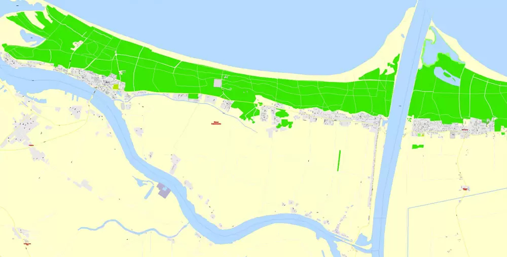 Printable Map Gdansk, Poland, exact vector street G-View Level 17 (100 meters scale) map, all buildings, full editable, Adobe Illustrator