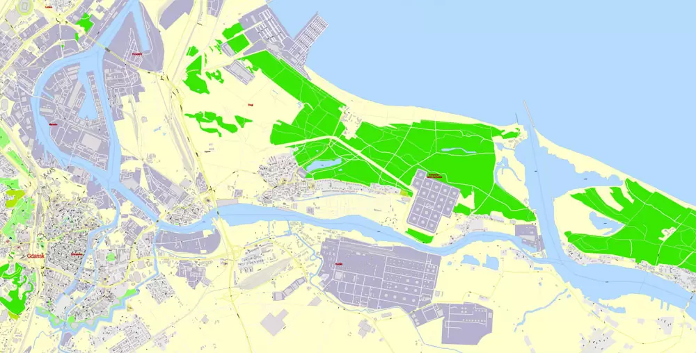 Printable Map Gdansk, Poland, exact vector street G-View Level 17 (100 meters scale) map, all buildings, full editable, Adobe Illustrator
