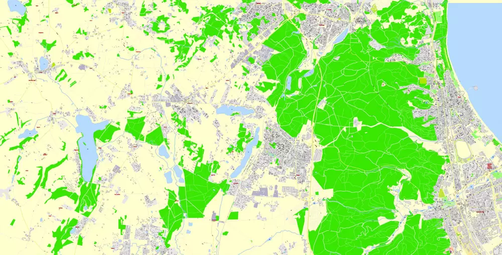 Printable Map Gdansk, Poland, exact vector street G-View Level 17 (100 meters scale) map, all buildings, full editable, Adobe Illustrator