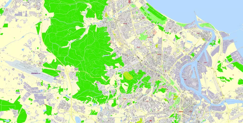 Printable Map Gdansk, Poland, exact vector street G-View Level 17 (100 meters scale) map, all buildings, full editable, Adobe Illustrator