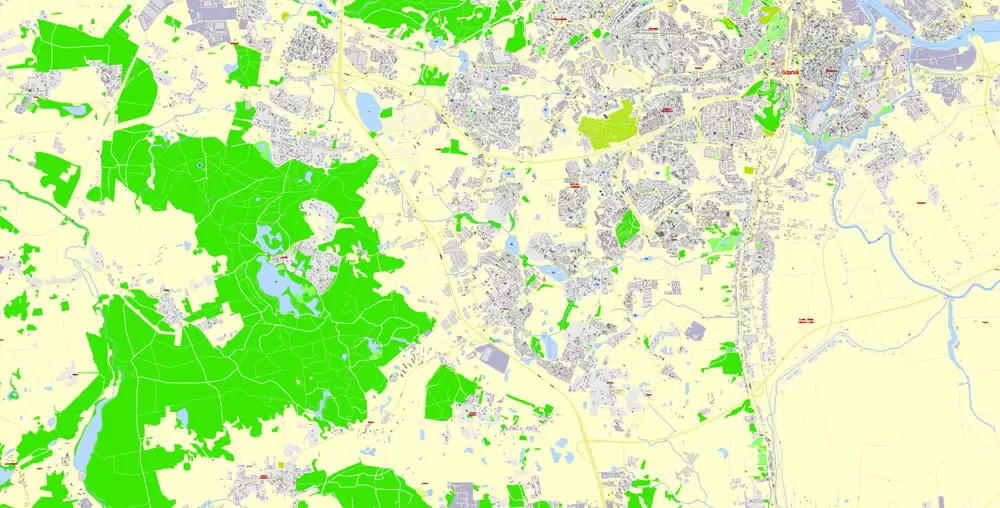 Printable Map Gdansk, Poland, exact vector street G-View Level 17 (100 meters scale) map, all buildings, full editable, Adobe Illustrator