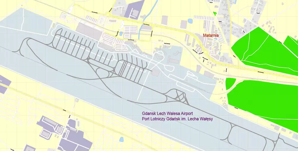 Printable Map Gdansk, Poland, exact vector street G-View Level 17 (100 meters scale) map, all buildings, full editable, Adobe Illustrator