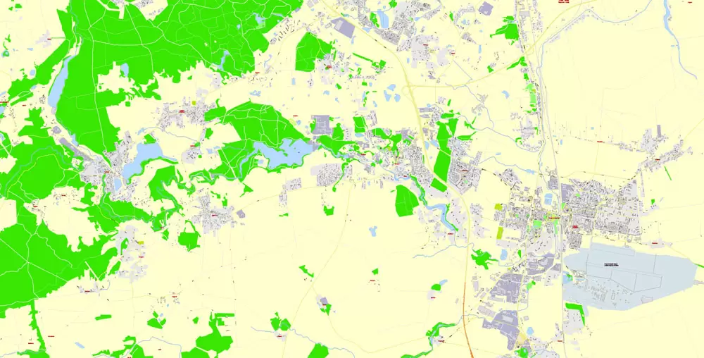 Gdansk Editable PDF Map, Poland, exact vector street G-View Level 17 (100 meters scale) map, all buildings, full editable, Adobe PDF