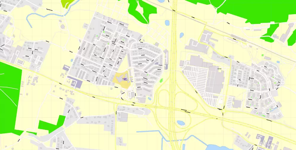 Printable Map Gdansk, Poland, exact vector street G-View Level 17 (100 meters scale) map, all buildings, full editable, Adobe Illustrator