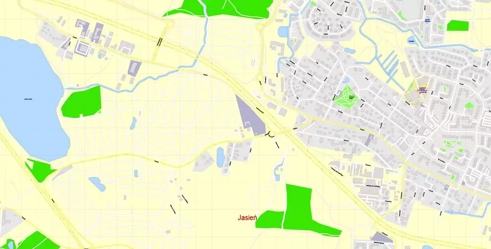 Printable Map Gdansk, Poland, exact vector street G-View Level 17 (100 meters scale) map, all buildings, full editable, Adobe Illustrator