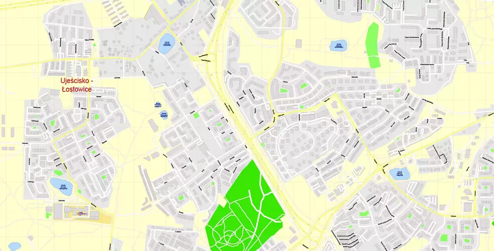 Printable Map Gdansk, Poland, exact vector street G-View Level 17 (100 meters scale) map, all buildings, full editable, Adobe Illustrator