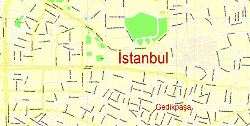 Printable Vector Map Istanbul, Turkey, exact City Plan, street G-View Level 17 (100 meters scale) map, fully editable, Adobe Illustrator