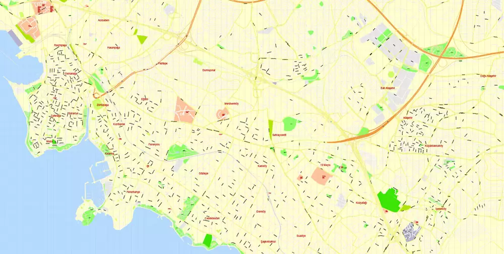 Printable Vector Map Istanbul, Turkey, exact City Plan, street G-View Level 17 (100 meters scale) map, fully editable, Adobe Illustrator