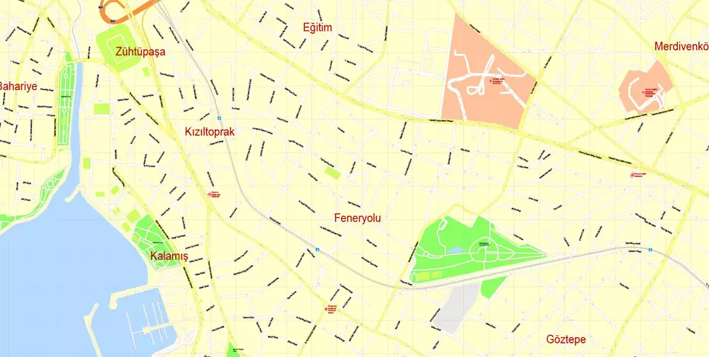 Printable Vector Map Istanbul, Turkey, exact City Plan, street G-View Level 17 (100 meters scale) map, fully editable, Adobe Illustrator
