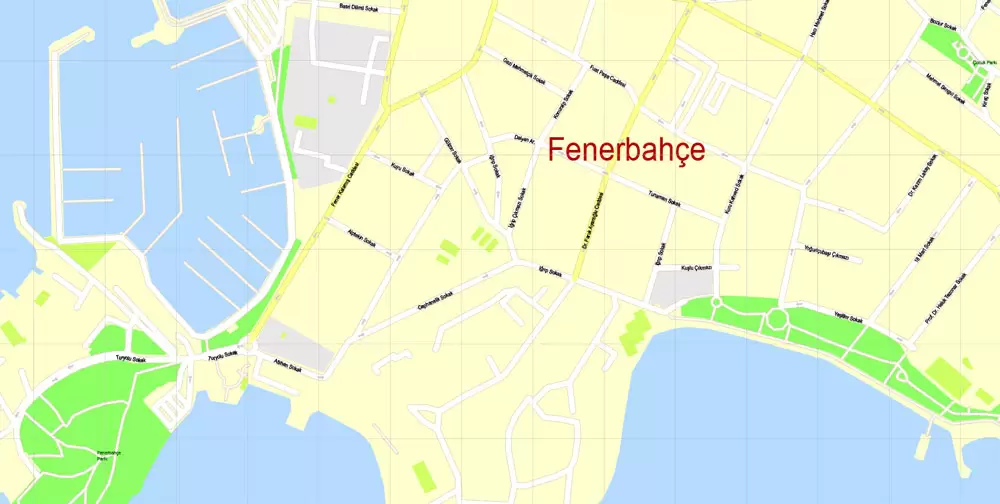 Printable Vector Map Istanbul, Turkey, exact City Plan, street G-View Level 17 (100 meters scale) map, fully editable, Adobe Illustrator