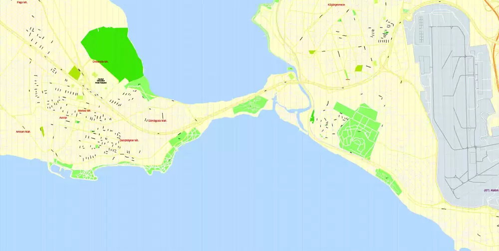 Printable Vector Map Istanbul, Turkey, exact City Plan, street G-View Level 17 (100 meters scale) map, fully editable, Adobe Illustrator