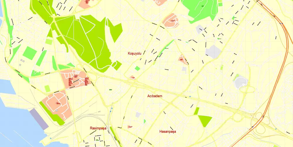 Printable Vector Map Istanbul, Turkey, exact City Plan, street G-View Level 17 (100 meters scale) map, fully editable, Adobe Illustrator