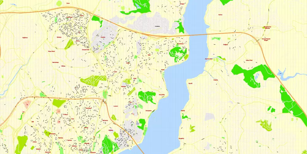 Printable Vector Map Istanbul, Turkey, exact City Plan, street G-View Level 17 (100 meters scale) map, fully editable, Adobe Illustrator