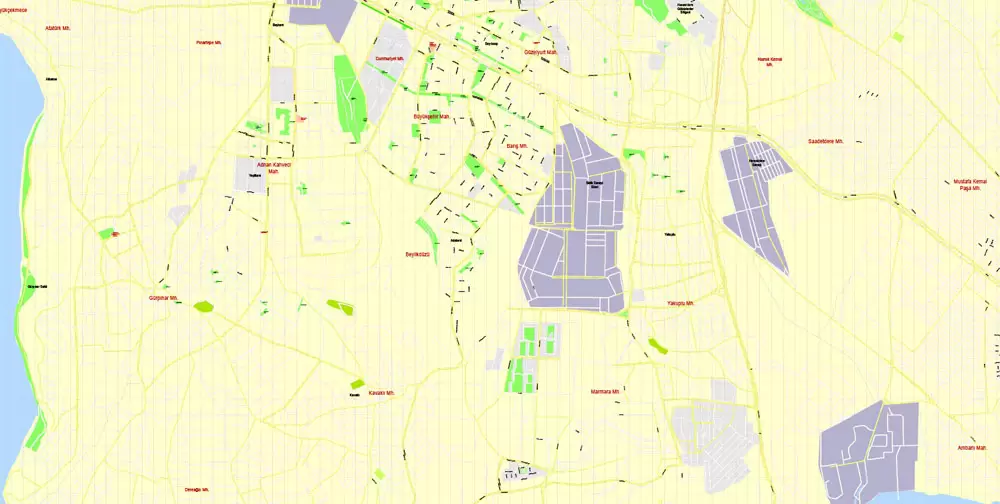 Printable Vector Map Istanbul, Turkey, exact City Plan, street G-View Level 17 (100 meters scale) map, fully editable, Adobe Illustrator