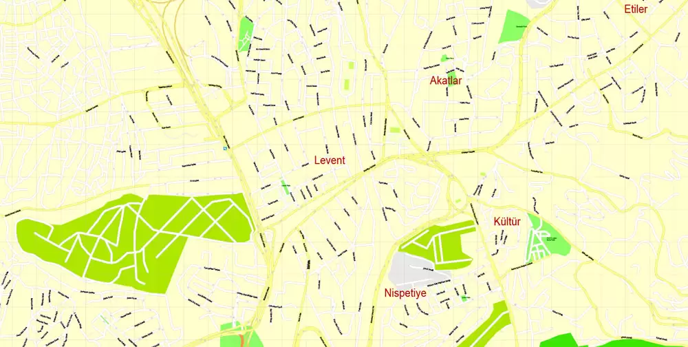 Printable Vector Map Istanbul, Turkey, exact City Plan, street G-View Level 17 (100 meters scale) map, fully editable, Adobe Illustrator