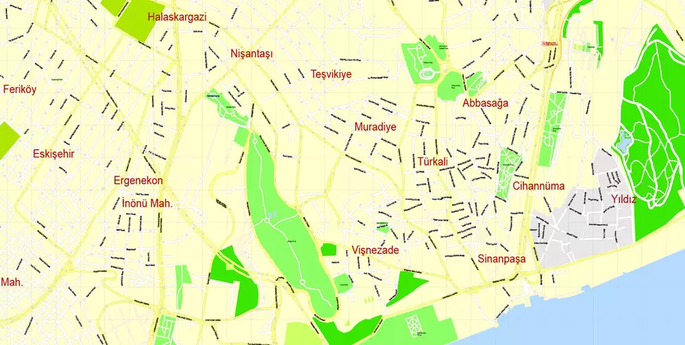 Printable Vector Map Istanbul, Turkey, exact City Plan, street G-View Level 17 (100 meters scale) map, fully editable, Adobe Illustrator