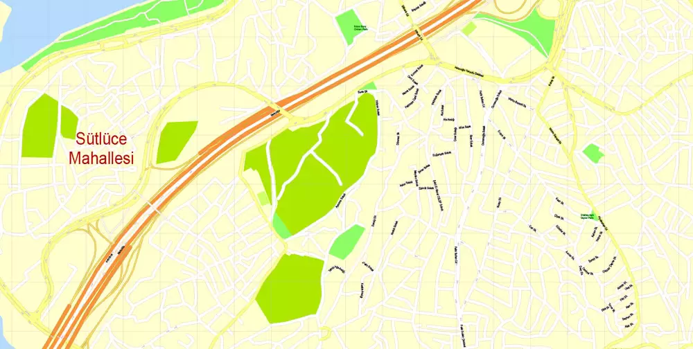 Printable Vector Map Istanbul, Turkey, exact City Plan, street G-View Level 17 (100 meters scale) map, fully editable, Adobe Illustrator
