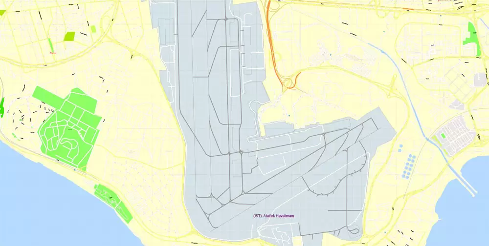 Printable Vector Map Istanbul, Turkey, exact City Plan, street G-View Level 17 (100 meters scale) map, fully editable, Adobe Illustrator