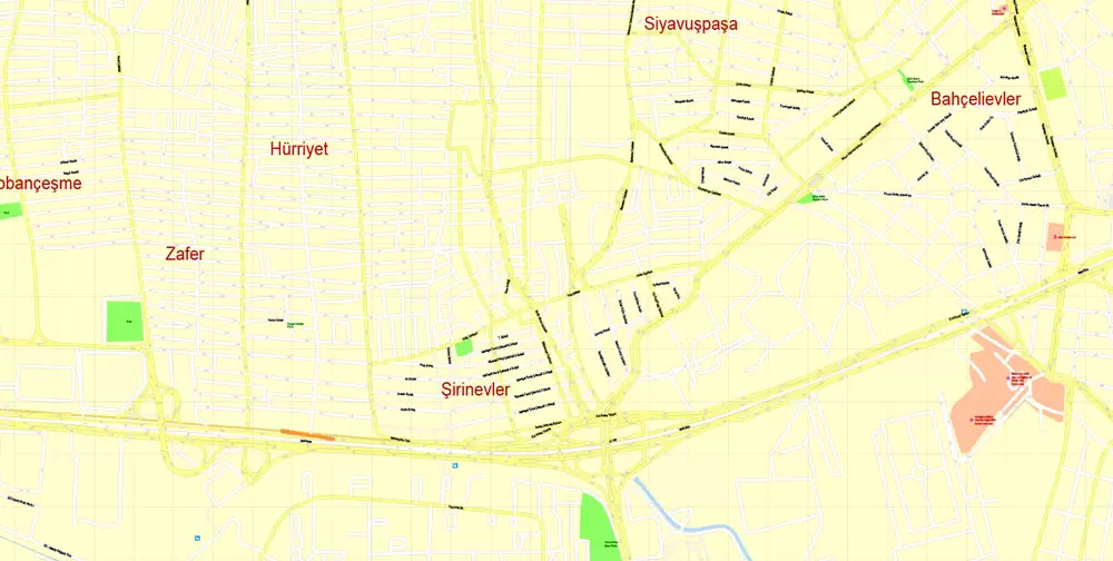 Printable Vector Map Istanbul, Turkey, exact City Plan, street G-View Level 17 (100 meters scale) map, fully editable, Adobe Illustrator