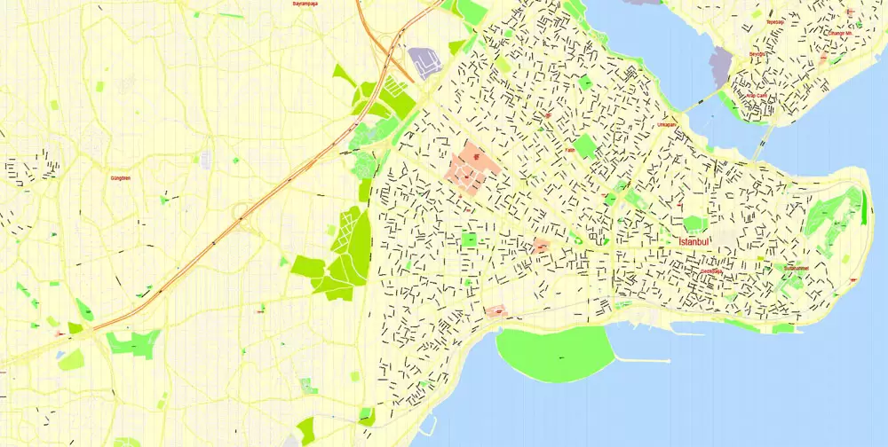 Printable Vector Map Istanbul, Turkey, exact City Plan, street G-View Level 17 (100 meters scale) map, fully editable, Adobe Illustrator